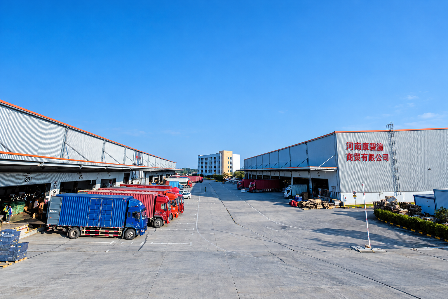 Warehouse exterior displaying the Henan Kangbiying Trading company name