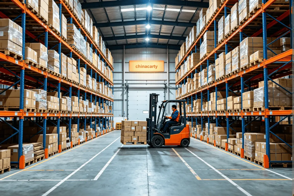 Warehouse interior in China with shelves of parcels